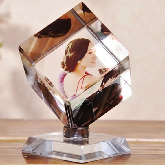 Holiday Gift Spinning Crystal Photo Cube frame Ornament, Customized Photo, Great Holiday, Wedding, baby shower