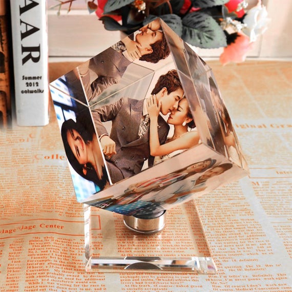 Holiday Gift Spinning Crystal Photo Cube frame Ornament, Customized Photo, Great Holiday, Wedding, baby shower