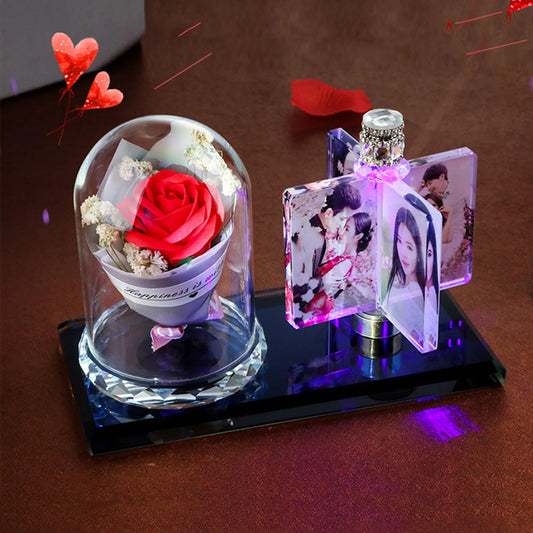 Holiday Gift Crystal Windmill Photo Frame with Rose/Bear on side, Customized Photo, Night Light, Gift Wedding, Family